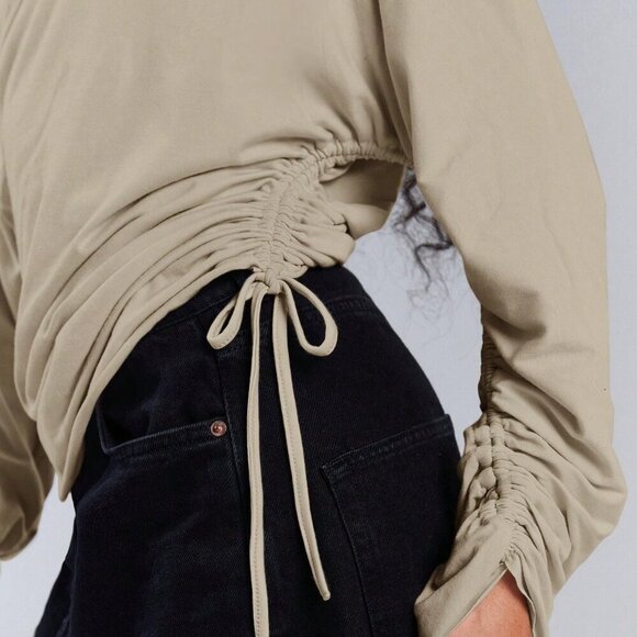 Apricot Casual Women's Asymmetric Collar Drawstring Top - Picture 6 of 7